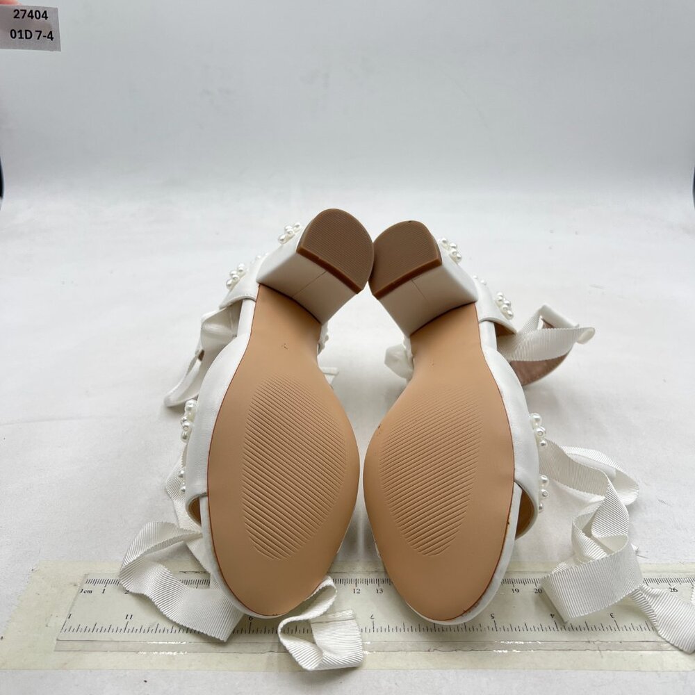 XYD White Open Toe with Bloom Pearl Flower Ribbon Ankle Strap Chunky Heel Sandal - Picture 7 of 8